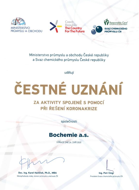 Bochemie Receives Award from the Czech Ministry of Industry and Trade