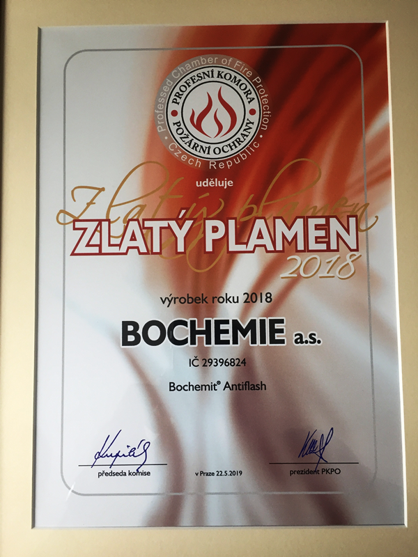 BOCHEMIT Antiflash získal ocenění Profesní komory požární ochrany České republiky
